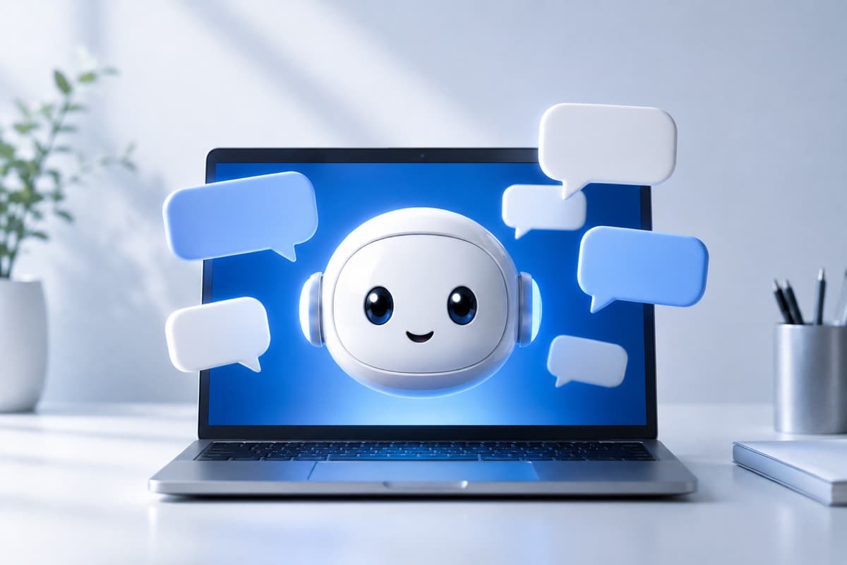 Un assistente virtuale che esce dallo schermo di un portatile tra nuvolette di dialogo