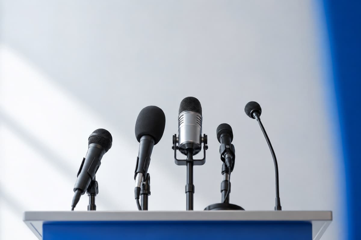 Microfoni da conferenza stampa allineati su un leggio
